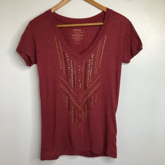 Fossil Vintage Embellished Detailed V Neck T Shirt‎ Women's Size Small - Picture 1 of 8